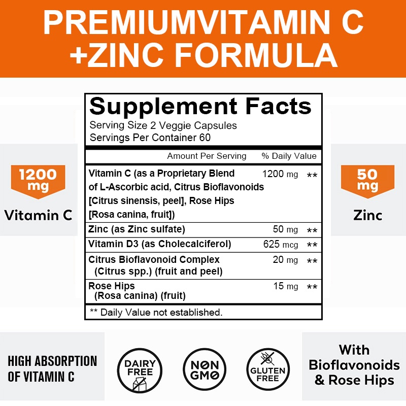 1200 Mg Vitamin C Capsules - w - Zinc Supplement 50Mg review and price